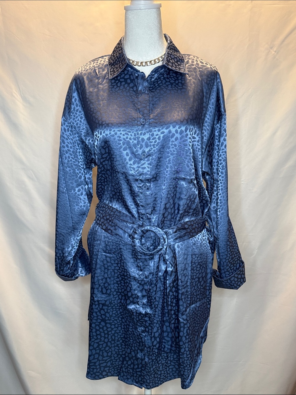 Navy Satin Leopard-Print Shirt Dress with Belt